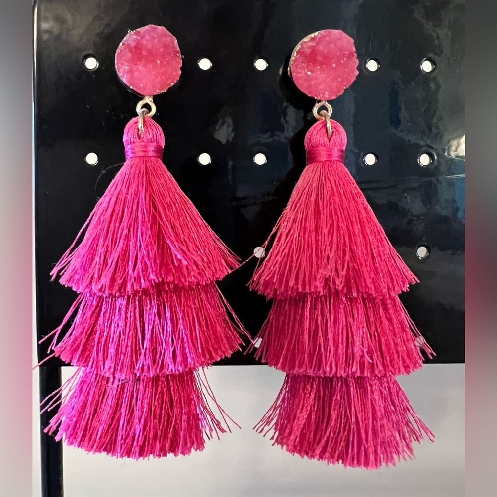 Statement earrings, gold and warm pink, matches HOC Shocking Pink.